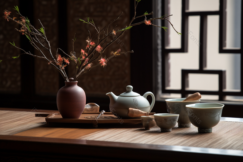 家居室内木质桌子上的茶具和摆件实拍摄影图,高清,摄影图,摄影图片,图片大全,摄影图免费下载
